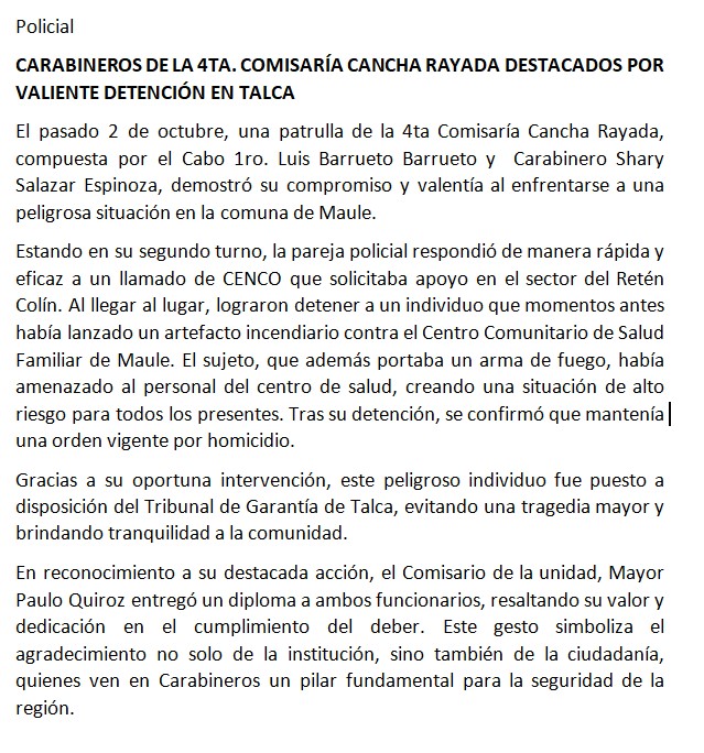 Comunicado Oficial enviado por Comunicaciones de Carabineros Talca